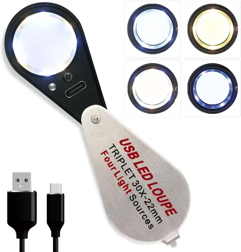 Vista 10 de Lupa iluminada de metal completo de 30X con cuatro modos de iluminación, plegable de bolsillo, lupa de ojo de 0.866 in, triplete, lente de mano 30x
