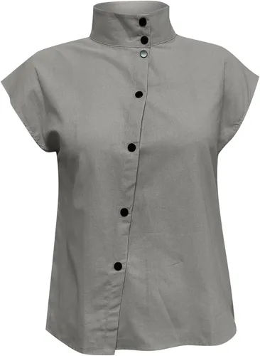 Vista 2 de Camisas con botones para mujer, estilo casual, color sólido, algodón, lino, cuello alto, manga corta, camisas básicas, S-2XL