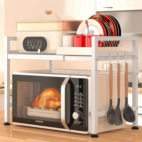 Vista 17 de PUSDON Estante para horno de microondas, estante ajustable resistente de 3 niveles con 3 ganchos para organizador de encimera de cocina