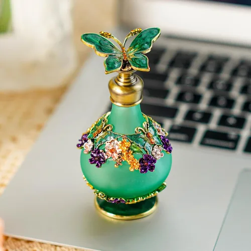 Vista 9 de YU FENG Botella de perfume de vidrio con flor de colibrí, botella de perfume de cristal decorativa con esmalte joya, contenedor de perfume