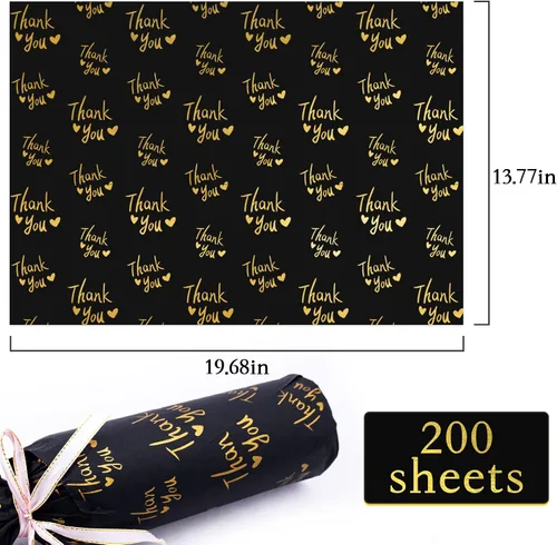 Vista 3 de MR FIVE 200 hojas de papel de seda dorado de agradecimiento a granel, 20 x 14 pulgadas, papel de seda dorado de agradecimiento para embalaje Negro