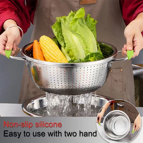 Vista 5 de Colador Profundo de Acero Inoxidable Microperforado de 2.5 Quart, Colador de Alimentos de Metal con Asas de Silicona Verde para Drenar Pasta