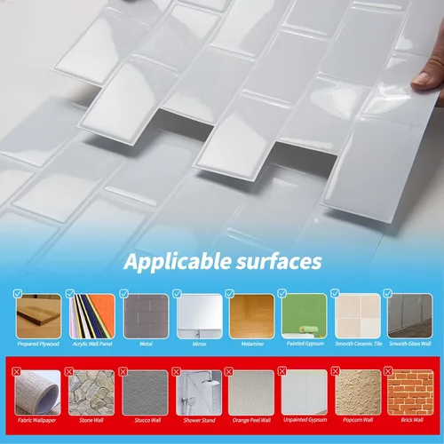 Vista 7 de Art3d Paquete de 10 calcomanías para azulejos, azulejos adhesivos, película de azulejos, calcomanías de pared blancas, azulejos de metro, decoración