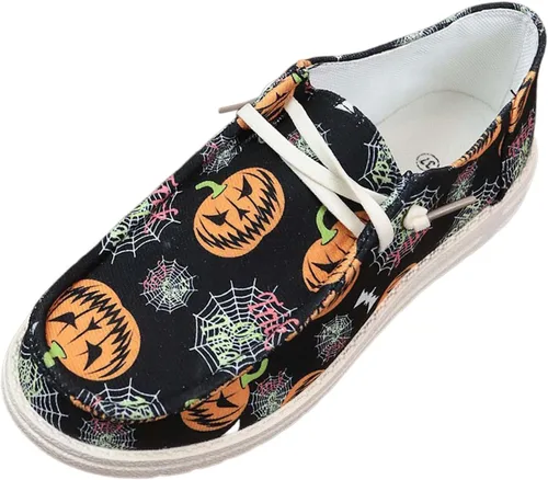 Vista 5 de Zapatos deportivos de lona con estampado de calabaza de Halloween para mujer, zapatos bajos de lona para decoración de Halloween, zapatos planos