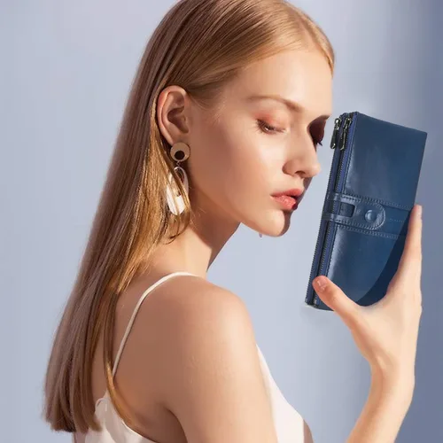 Vista 6 de ROULENS - Billetera de cuero genuino para mujer, con tarjetero, compartimiento para celular, chequera, monedero, con cremallera, cartera Rfid, L