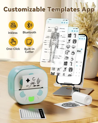 Vista 3 de Impresora de calcomanías NDYIN, mini impresora PrintPods, fabricante de calcomanías portátil Bluetooth con 3 rollos de papel, impresora térmica sin