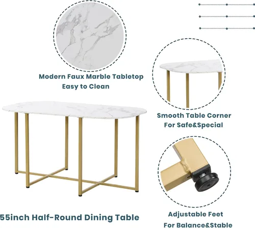 Vista 5 de Quarte Moderno juego de mesa de comedor de 7 piezas con mármol sintético, juego de mesa de cocina de metal compacto, diseño de silla triangular