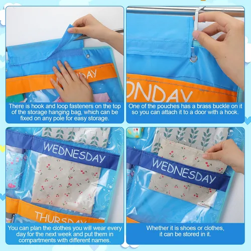 Vista 4 de Woanger Organizador semanal de ropa colgante para niños, 2 unidades, 11.8 x 11.8 x 48 pulgadas, estante para actividades diarias, organizador
