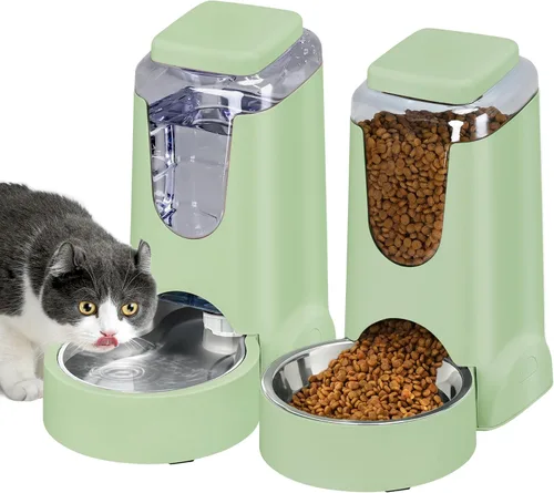 Vista 11 de Paquete de 2 alimentadores automáticos para gatos y dispensador de agua de acero inoxidable, juego de bebedero para perros por gravedad, juego