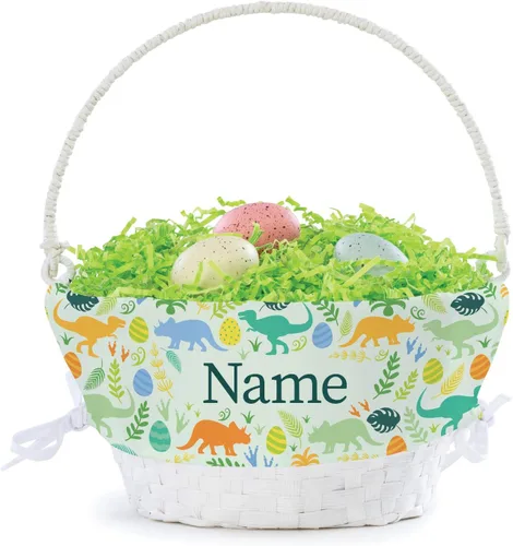 Vista 3 de Cesta de huevo de Pascua personalizada con patrón de dinosaurio con asa y nombre personalizado, forros de canasta de Pascua verdes, canasta blanca