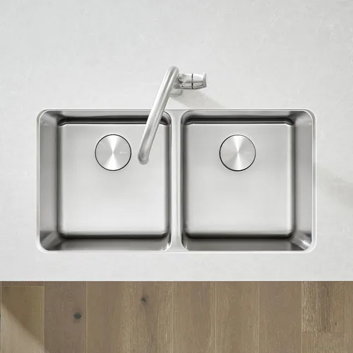 Vista 3 de BLANCO, Fregadero de cocina de acero inoxidable 442768 FORMERA 50/50 con doble tazón, 33 x 18 pulgadas