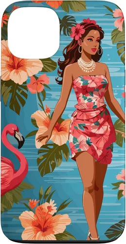 Vista 7 de iPhone 12 Pro Max Vintage Tiki Design - Funda hawaiana retro de flores hula y flamencos