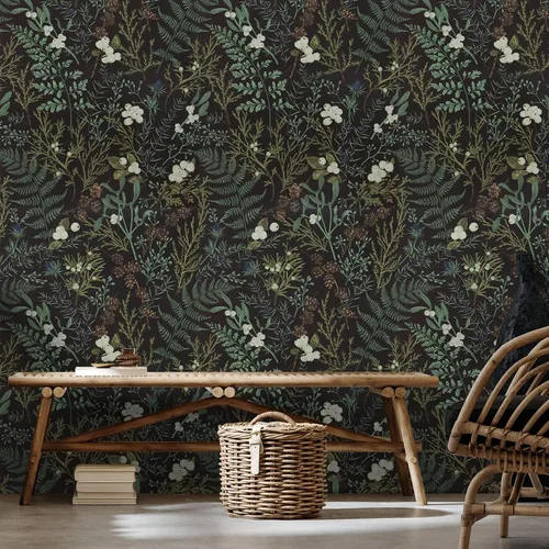 Vista 4 de VaryPaper Papel tapiz de hojas de musgo tropical de 17.7 x 118 pulgadas, papel tapiz autoadhesivo floral negro autoadhesivo decorativo floral