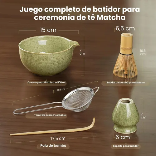 Vista 2 de Juego de batidor de matcha, kit de cerámica y cazador de bambú hecho a mano Complete 5 Pcs Matcha Set Whisk and Bowl, Stainless Steel Sifter