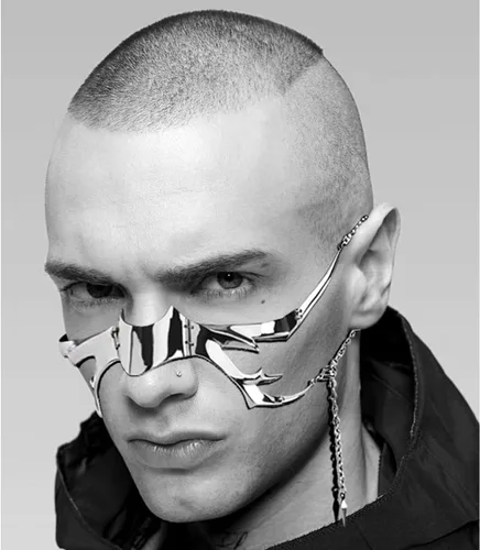Vista 4 de L'VOW Unisex Cyber Punk Liquid Silver Steel Half Mask Y2K Lujo Irregular Joyería Cadena Cara Cyborg Pendientes Accesorios