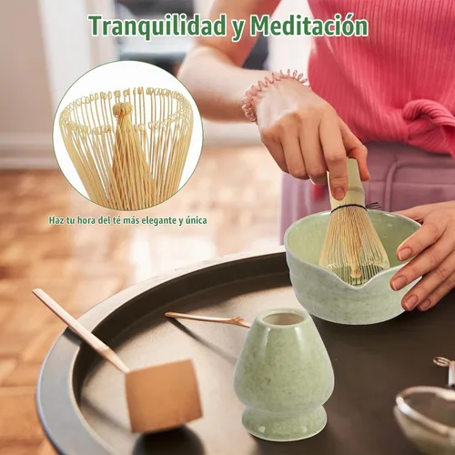 Vista 5 de Kit de fabricación de matcha de 4 piezas, cuenco de cerámica, batidor y cuchara de bambú, tamiz de matcha y soporte