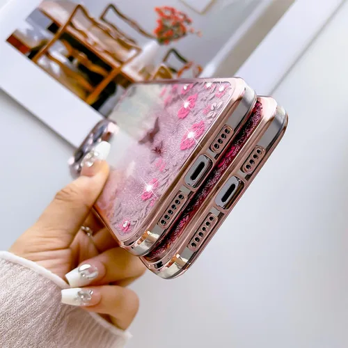 Vista 8 de Funda para Galaxy S10, TPU suave con purpurina, elegante, mariposa, floral, corazón, transparente, funda protectora con correa (oro rosa)