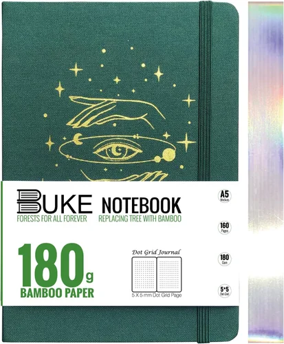 Vista 15 de BUKE Cuaderno de cuadrícula de puntos, papel blanco de bambú de 6.35 oz/m², 5 puntos de 0.197 x 0.197 in, 160 páginas, encuadernación plana, bordes