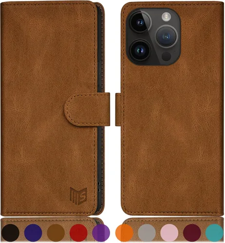 Vista 18 de SUANPOT Funda protectora tipo cartera con función atril para iPhone 15 de 6.1 pulgadas, con soporte para tarjetas de crédito RFID, funda de piel