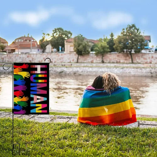 Vista 4 de Nepnuser Bandera de jardín del mes del orgullo de lino, decoración de festival de lesbianas gay LGBTQ, decoración para interiores y exteriores
