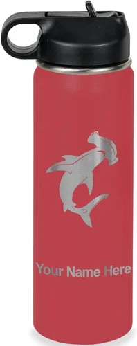 Vista 9 de LaserGram Botella de agua personalizada, tiburón martillo, acero inoxidable de doble pared aislada al vacío con popote superior, regalo grabado