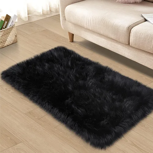 Vista 3 de Alfombra negra de piel sintética, 2 x 3 pies, para dormitorio, niños, dormitorio, sofá, decoración del hogar, lavable, esponjosa, manta pequeña