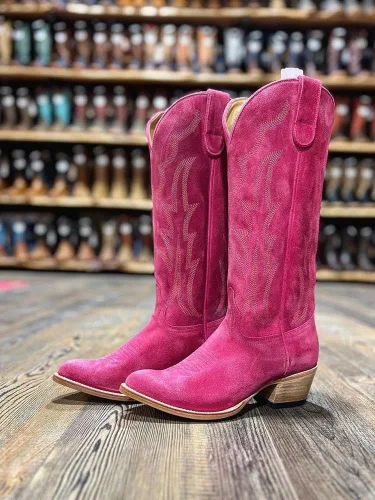 Vista 3 de Botas vaqueras bordadas para mujer, tacón grueso, botas occidentales, costuras clásicas, botas de media pantorrilla