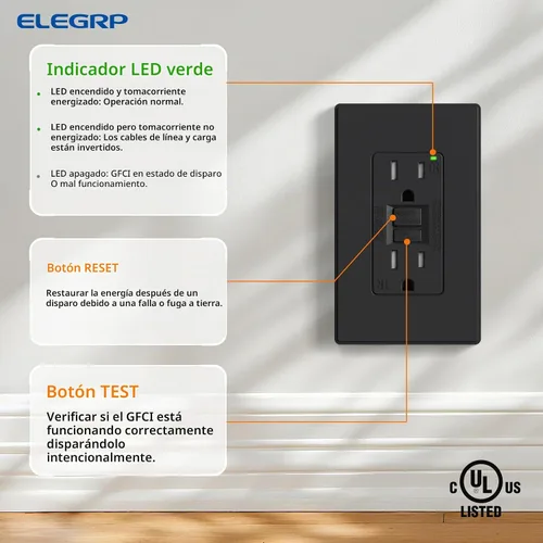 Vista 4 de ELEGRP Toma GFCI de 15 amperios, toma eléctrica GFI de autoprueba con diseño más delgado, receptáculo GFCI resistente a manipulaciones TR