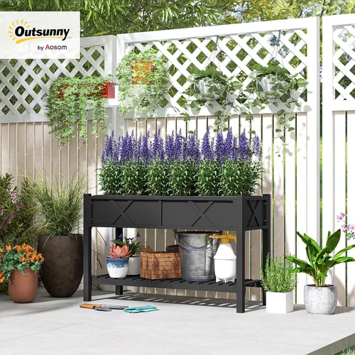 Vista 2 de Outsunny - Jardinera elevada de madera con estante de almacenamiento, orificios de drenaje y forro para el patio trasero, la terraza, el balcón, 47