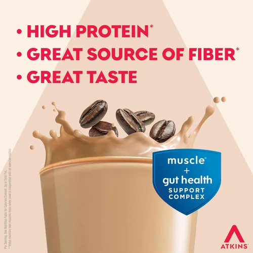 Vista 4 de Atkins - Batido Fuerte de Alta Proteína, Sabor Café Laté, 30g de Proteína, 7g de Fibra Prebiótica, Apoyo para la Salud Muscular y del Intestino