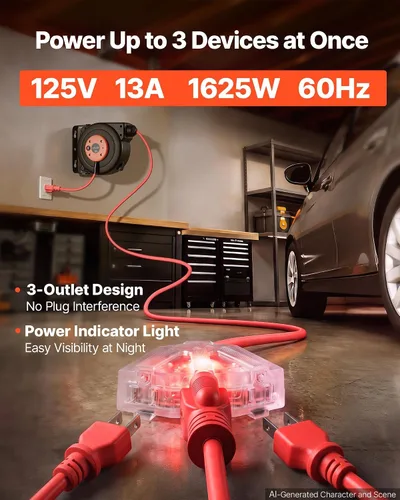 Vista 3 de VEVOR Carrete de cable de extensión retráctil de 25 pies resistente 14AWG