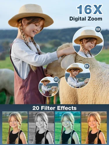 Vista 4 de Cámara digital, FHD 1080P para niños, cámara digital de 44 MP para apuntar y disparar con tarjeta de 32 GB, zoom de 16X, antivibración, sello