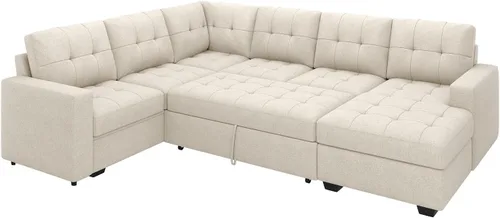 Vista 8 de HONBAY Sofá Seccional Cama Extraíble, Sofá Seccional en Forma de U con Chaise de Almacenamiento, Sofá Cama para Sala de Estar, Beige