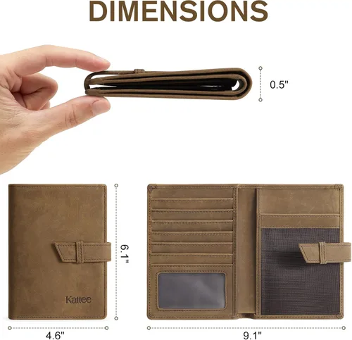 Vista 2 de Kattee Soporte para pasaporte de cuero genuino con bloqueo RFID, billetera de viaje plegable para hombres, Marrón, Vintage