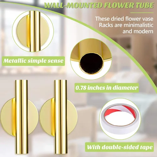 Vista 2 de Jetec 3 jarrones de pared de metal dorado para colgar en la pared, macetas para flores, tubo colgante bohemio para exhibir decoración del hogar