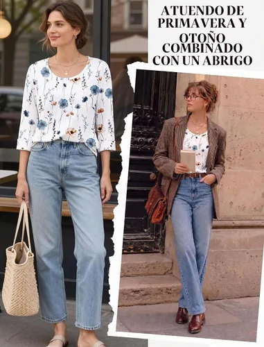 Vista 2 de Ekouaer Camisetas básicas casuales de manga 3/4 para mujer, cuello redondo Blanco floral