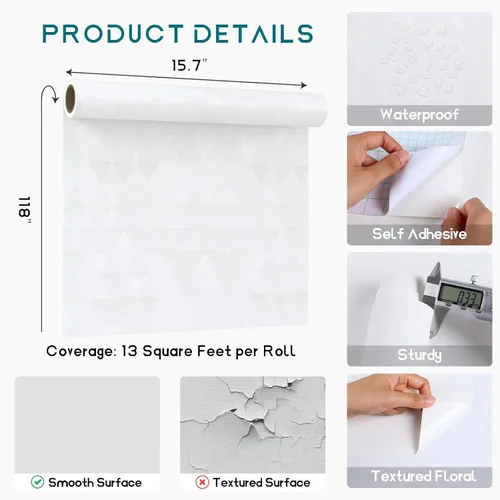Vista 7 de VEELIKE Papel tapiz blanco de diamante para despegar y pegar, papel adhesivo blanco grueso impermeable para armarios, cajones, paredes, 15.7 x 118