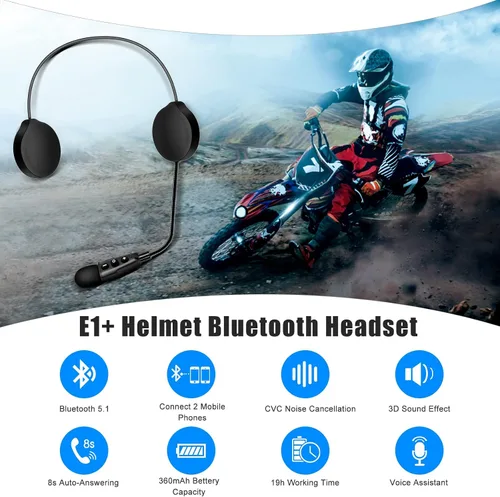 Vista 2 de EJEAS Auriculares Bluetooth para casco de motocicleta E1+, altavoz de casco Bluetooth 5.1 con respuesta automática de llamada y función de reducción