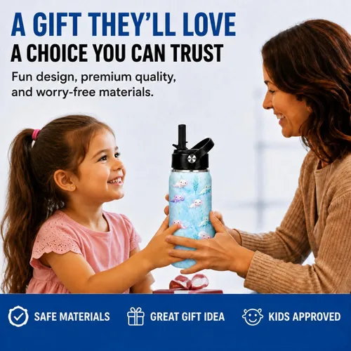 Vista 9 de Botella de agua de 16 onzas para niños, linda botella de acero inoxidable aislada con tapa abatible con popote abatible a prueba de fugas, taza