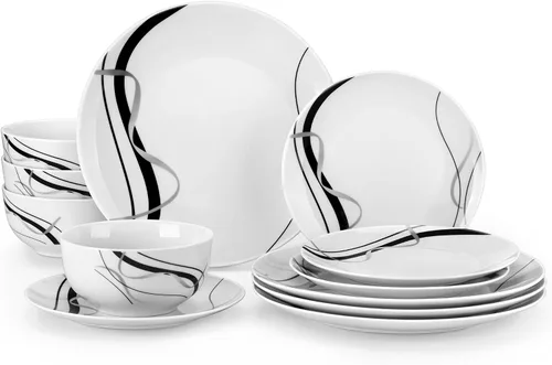 Vista 13 de VEWEET juego de vajilla de porcelana para 4, juego de 12 piezas con platos y cuencos con diseño floral rosa, juego de platos para la cocina ideal