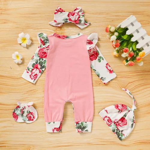 Vista 3 de GRNSHTS Conjunto de ropa para bebé recién nacida, mameluco con estampado de letras, sombrero+diadema para llegar a casa