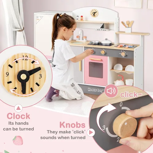Vista 2 de HONEY JOY Juego de cocina para niños, cocina de madera 3 en 1 para niños pequeños, refrigerador y parrilla de barbacoa, campana extractora, estante