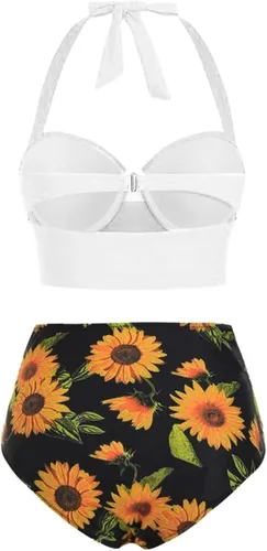 Vista 3 de Traje de baño vintage de dos piezas para mujer, conjunto de bikini de cintura alta fruncida con parte inferior
