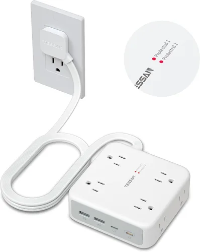 Vista 13 de TESSAN Regleta de alimentación con doble protector de sobretensiones, cable de extensión de 5 pies, enchufe de pared plana con 4 USB (2 USB C) 8