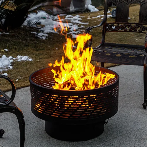 Vista 8 de OutVue Fogatas de leña de 26 pulgadas con parrilla y tapa, mesa de fogata para exteriores con cubierta impermeable y atizador de fuego, fogata al
