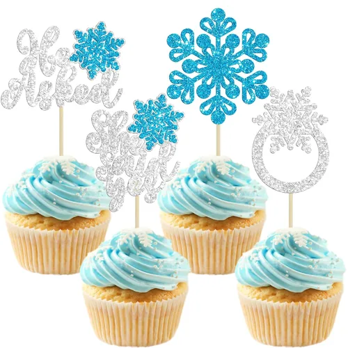 Vista 16 de Gyufise 24 adornos de copos de nieve Oh Baby para cupcakes con purpurina azul, decoración de pastel de baby shower congelado para baby shower