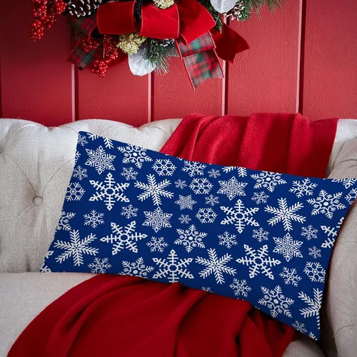 Vista 3 de SPXUBZ Funda de almohada de algodón con diseño de copo de nieve azul, Feliz Navidad, decoración del hogar, funda de cojín rectangular
