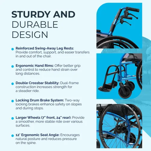 Vista 4 de Sillas de ruedas resistentes 24HD para adultos, silla de transporte plegable ligera con respaldo ergonómico, diseño portátil y marco duradero, ancho
