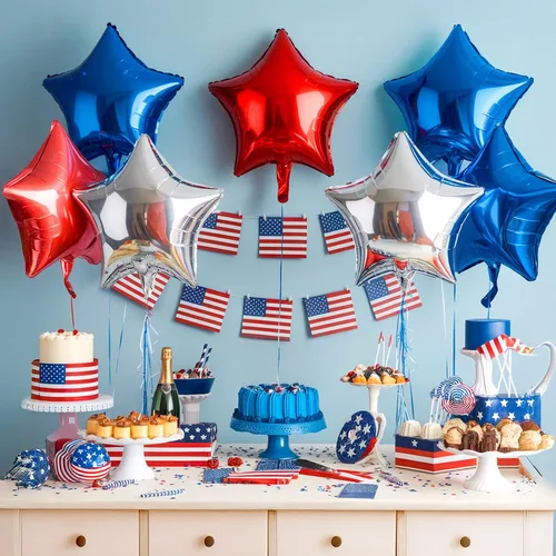 Vista 5 de Kit de arco de globos del 4 de julio, globos rojos, blancos y azules, globos de estrella, globos de Mylar de aluminio de helio, 12 piezas