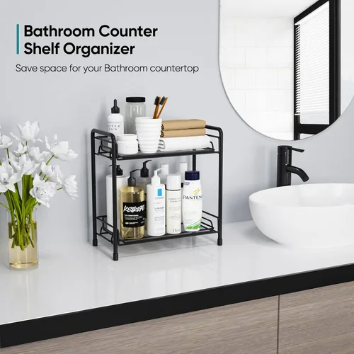 Vista 6 de Organizador de estación de café para encimera, organizador de barra de café, estantes de accesorios para encimera de cocina de 2 niveles (negro)